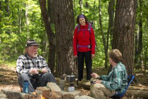 DF-03247_R (l to r) Nick Nolte stars as Stephen Katz, Kristen Schaal as Mary Ellen and Robert Redford as Bill Bryson camping along the Appalachian Trail in Broad Green Pictures upcoming release, A WALK IN THE WOODS. Credit:Frank Masi, SMPSP/ Broad Green Pictures